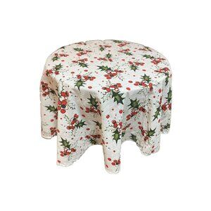 Christmas Holly Round 58” Tablecloth Lightweight Tree Skirt White Red Green
